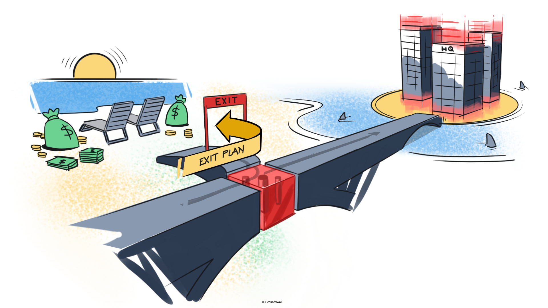 An illustration of a blue bridge that is crossing a moat of water to a company headquarters. The bridge has an off ramp, or exit, to retirement on the left hand side which leads to a beach with lawn chairs and bags of money. This image depicts an exit plan for business owners where they can enjoy retirement while their business continues to thrive in the future, under new ownership.
