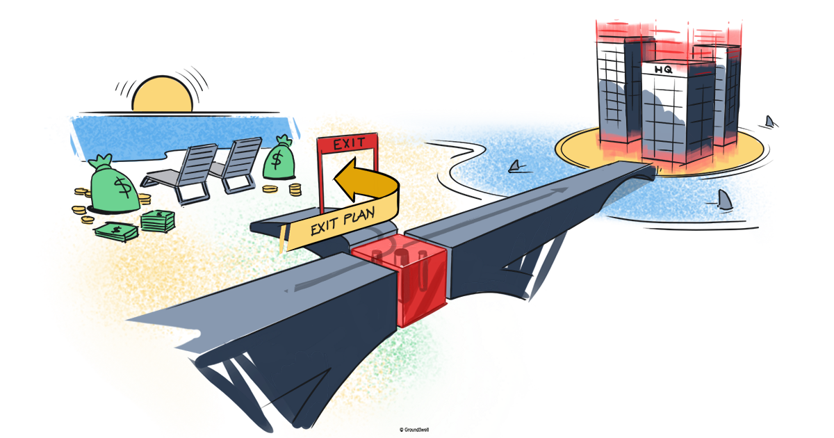 An illustration of a blue bridge that is crossing a moat of water to a company headquarters. The bridge has an off ramp, or exit, to retirement on the left hand side which leads to a beach with lawn chairs and bags of money. This image depicts an exit plan for business owners where they can enjoy retirement while their business continues to thrive in the future, under new ownership