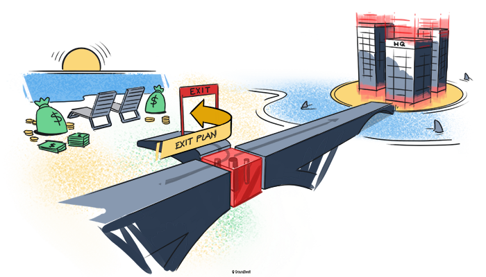 An illustration of a blue bridge that is crossing a moat of water to a company headquarters. The bridge has an off ramp, or exit, to retirement on the left hand side which leads to a beach with lawn chairs and bags of money. This image depicts an exit plan for business owners where they can enjoy retirement while their business continues to thrive in the future, under new ownership
