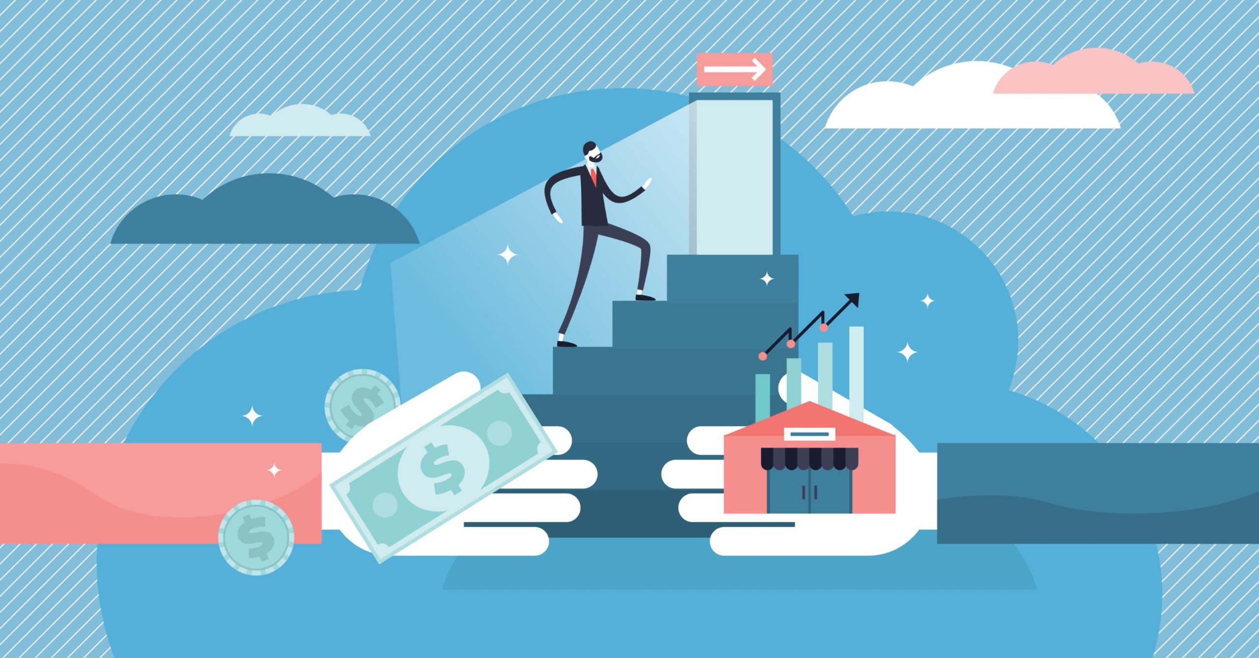 GroundSwell's Exit Plan illustration of a man walking up stairs to an exit while two hands trade money for a business