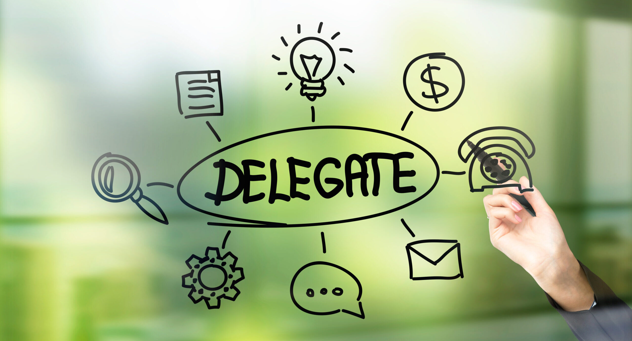 The word delegate with a hand-drawn circle around it connected to images things that can be delegated including money, phone calls, emails, chats, settings, searches, documents and lightbulb (ideas)