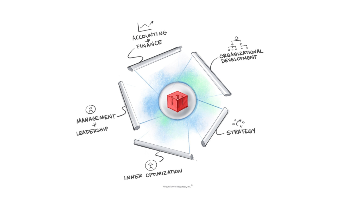 Business Ownership Platform- red cube surrounded by five bars that represent business frameworks