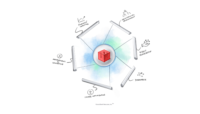 red cube surrounded by six bars that represent business ownership frameworks and direct ownership