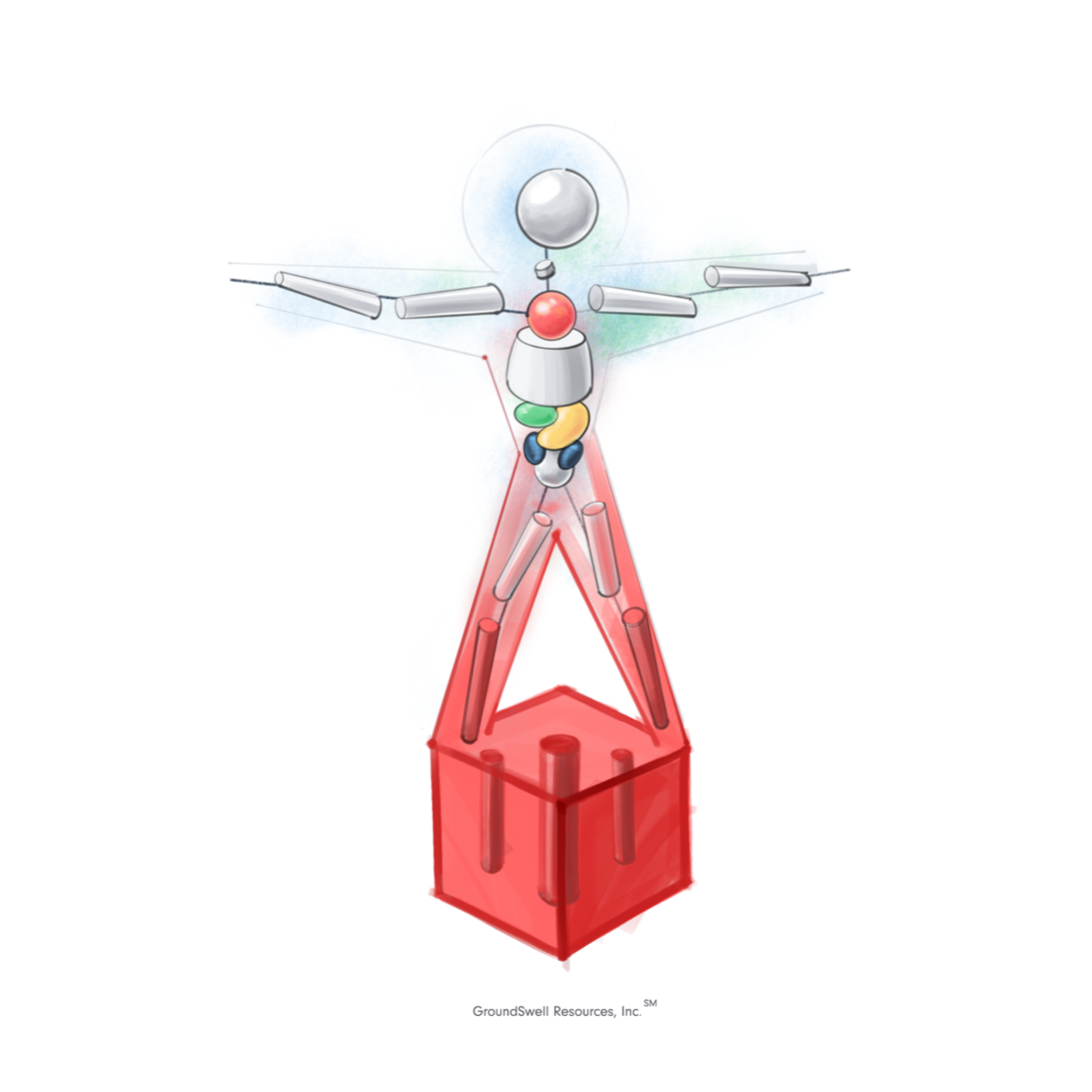 An illustration of a stick figure standing on-top of a red cube