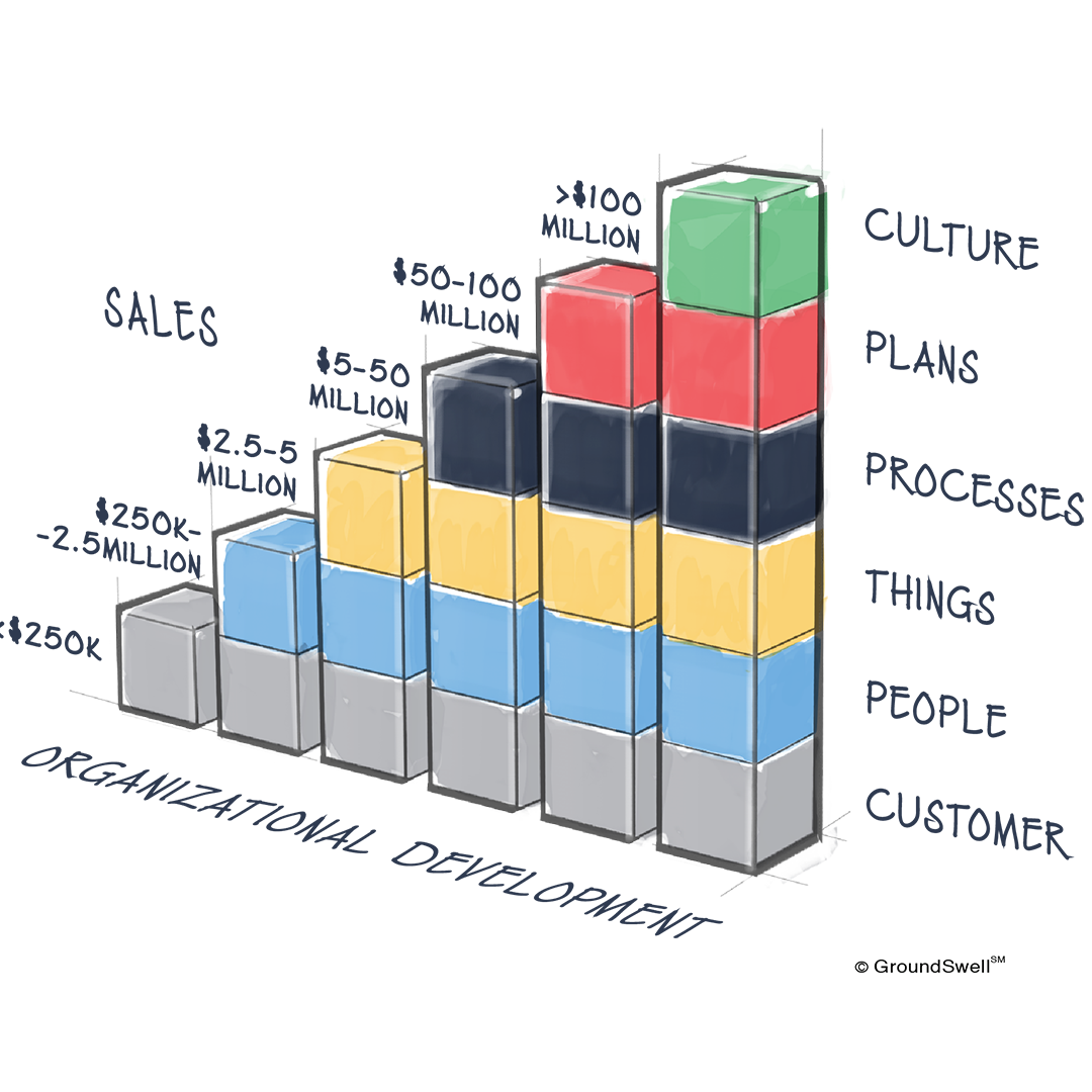 A color-coded bar chart that highlights the levels of an organization that need to be developed as organizations reach their next stage of growth